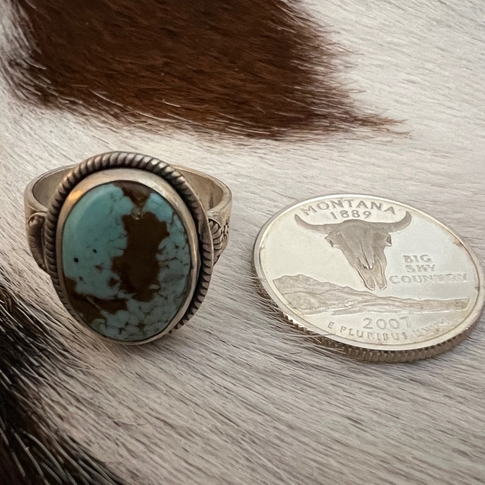 ❤️ #8 Turquoise Navajo Style Hand Stamped Decorative 5mm Band Ring Size 9 Unisex - Picture 9 of 14